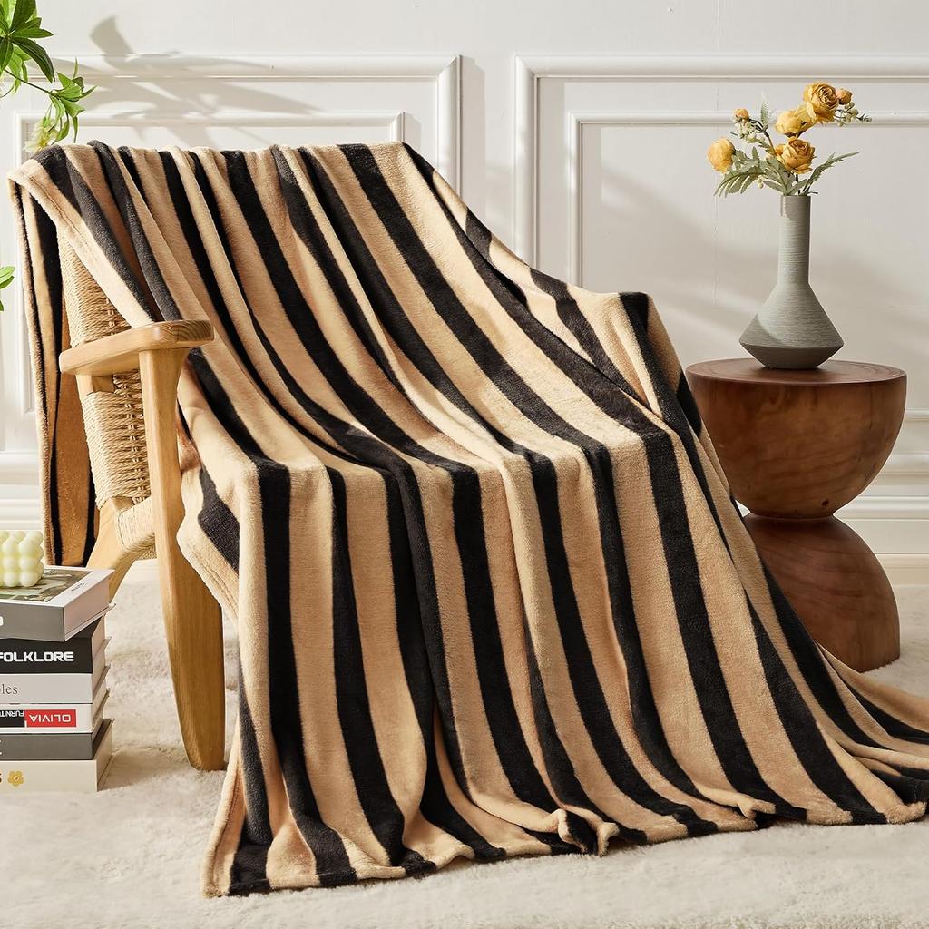 FY FIBER HOUSE Striped Flannel Throw Blanket - Soft Cozy Striped Blanket for Couch, Sofa, or Bed - 50"x60", Black Brown, All Season Use