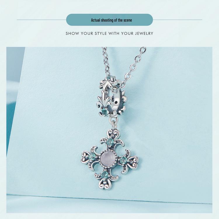 Retro Iris Cross Pendant in S925 Sterling Silver with Platinum-Plated Beads for DIY Jewelry