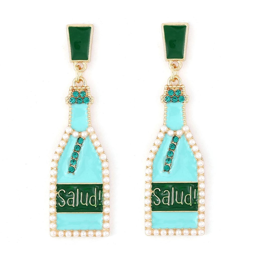 European and American new fashion personality cute wine bottle dripping oil alloy earrings creative design letter inlaid pearl earrings