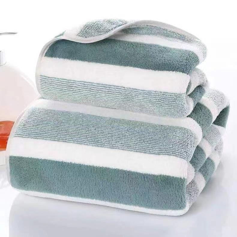 Cross-Border Warp-Knit Striped Coral Fleece Towel Set: Absorbent Bath Towels & Washcloths