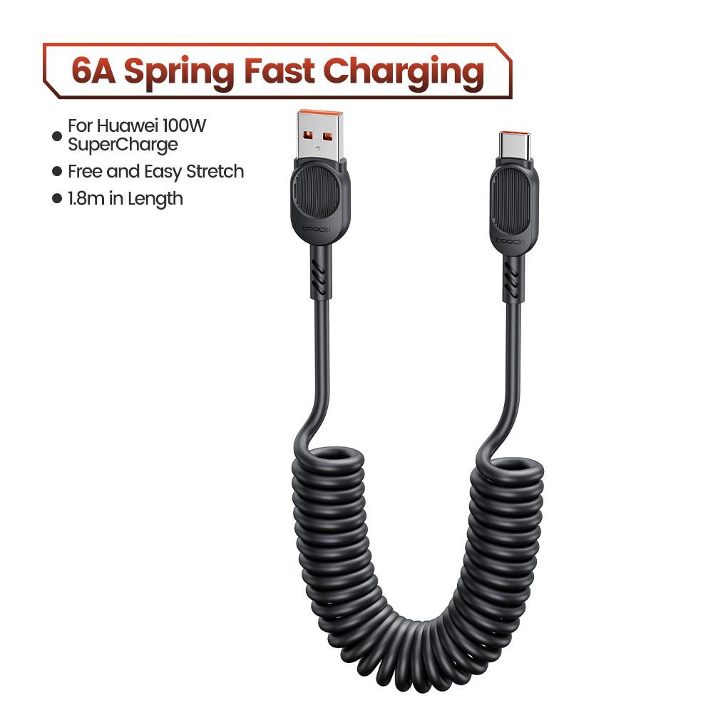 

Toocki 6A TPU Spring USB C Cable for Huawei Xiaomi PD Fast Charging Retractable USB to Type C Cable for iPhone 15 USB Data Cord чёрный