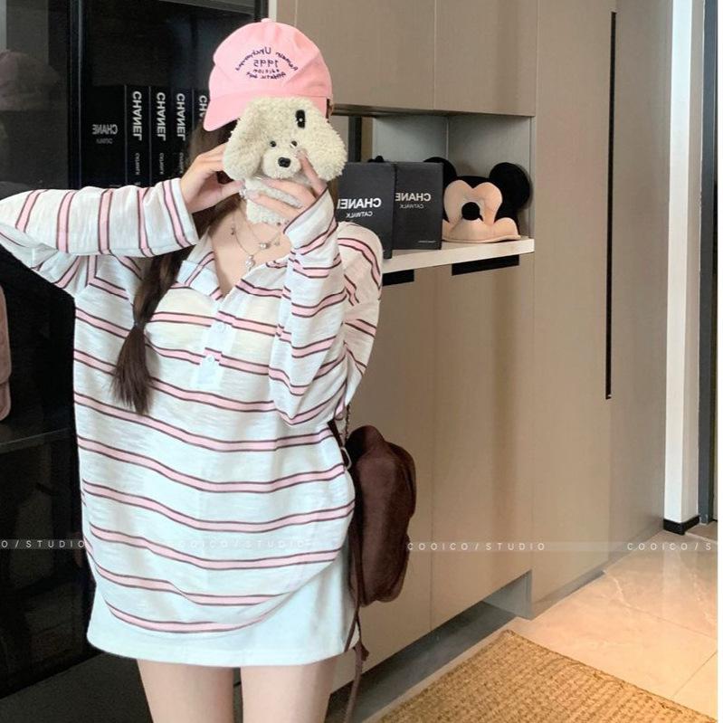 Korean Thin Striped Long-sleeved T-shirt Women's Summer Sunscreen Blouse Design Niche Loose Lazy Style Top