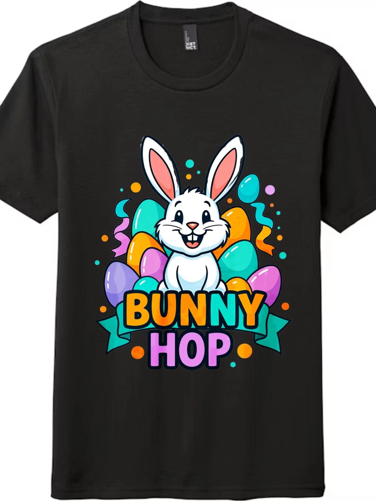 Vintage Cotton T-Shirt Bunny Hop Easter Bunny Egg Print Casual Top for Men Women 3XL