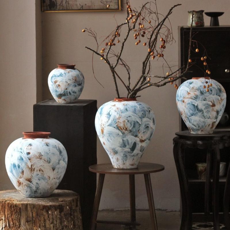 Coarse Earthenware Pot Flower Vase Flower Arrangement Accessories Retro Chinese Ceramic Vase Flowerpot Home Decoration
