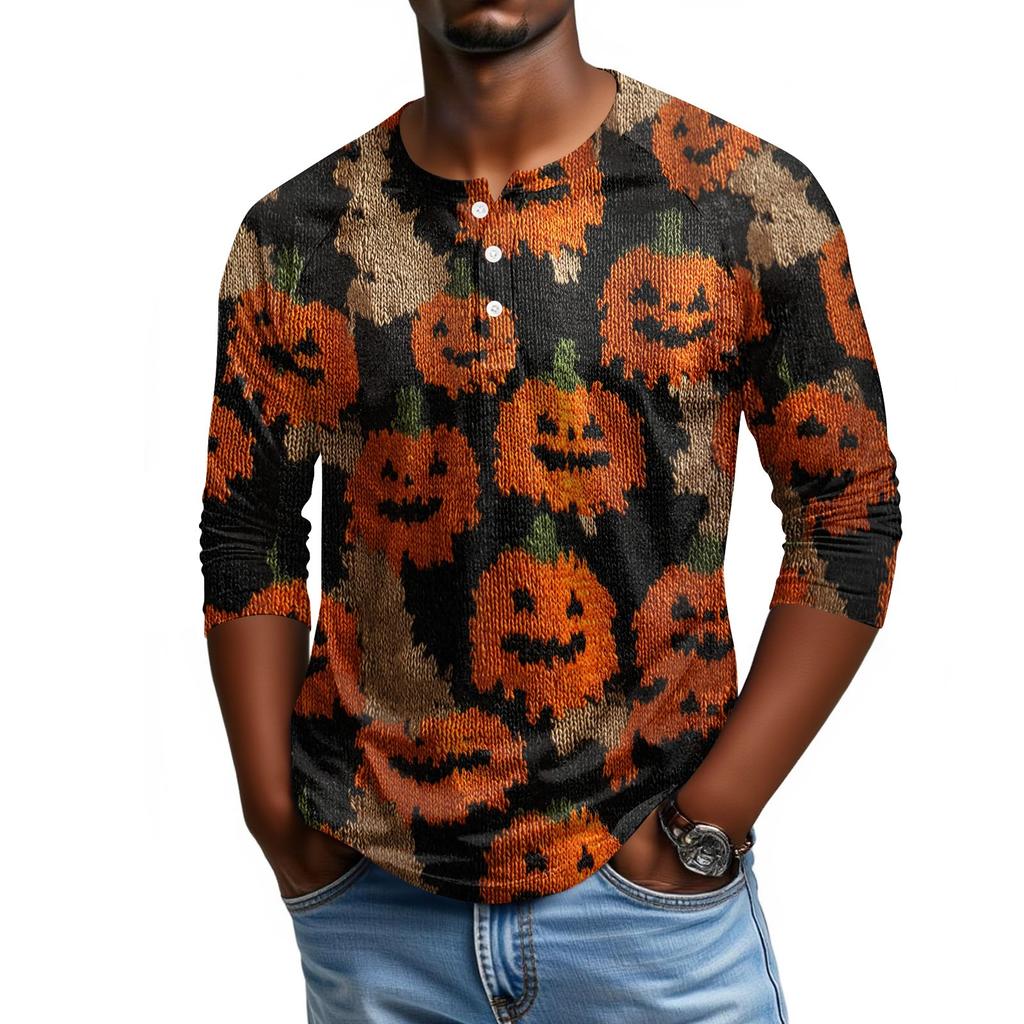 Men's Casual Halloween Print Raglan Sleeve Henley Shirt Three Quarter Sleeve Lightweight Top for Everyday Wear
