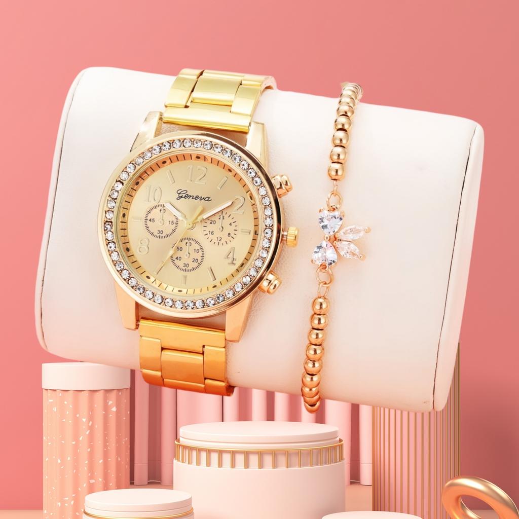Three-eye Watch with Diamond Alloy Steel Belt Watch Women's Geneva Quartz Watch Set