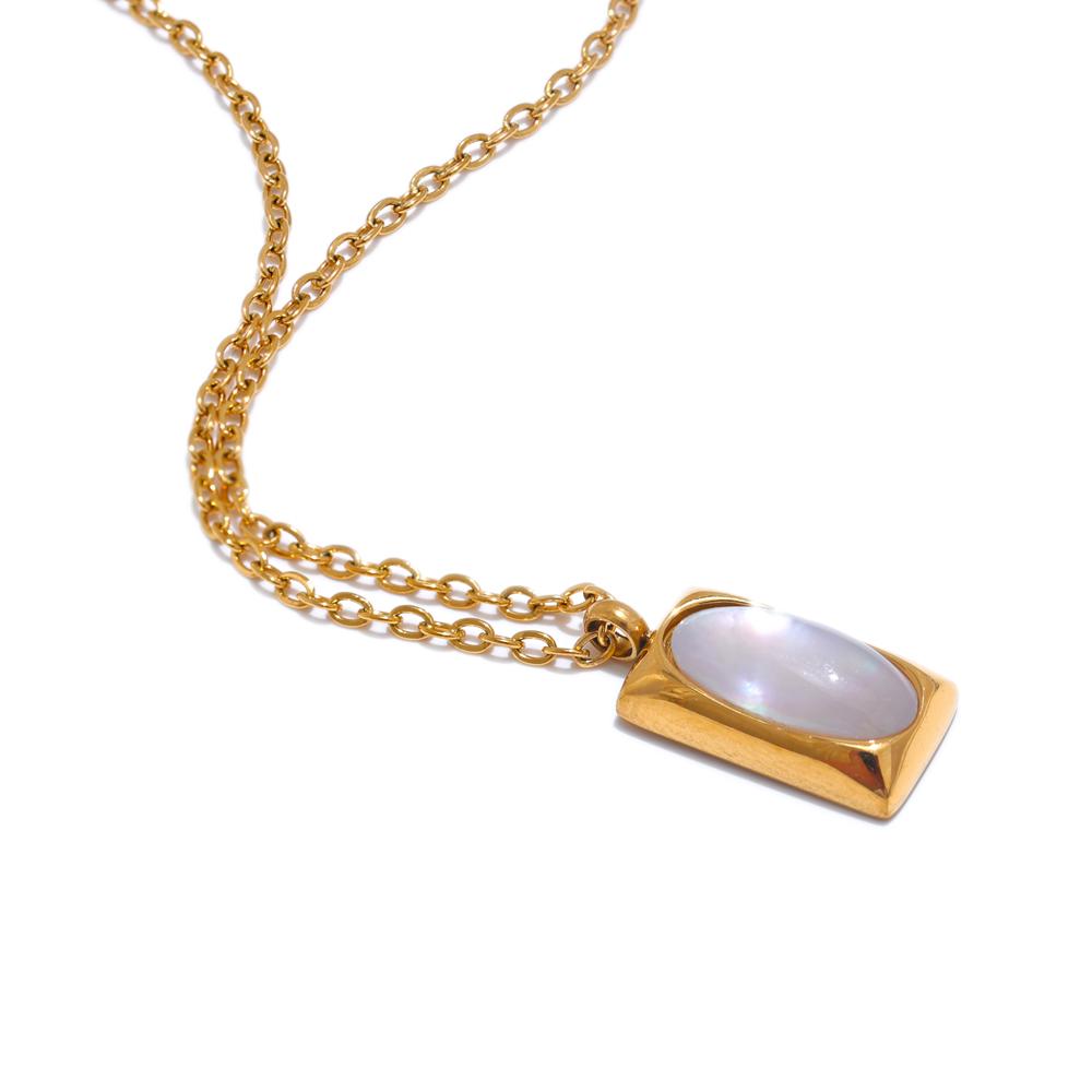 Yhpup Stylish Natural Stone Shell Square Rectangle Necklace Pendant Stainless Steel Water Resistant Charm Jewelry Gift