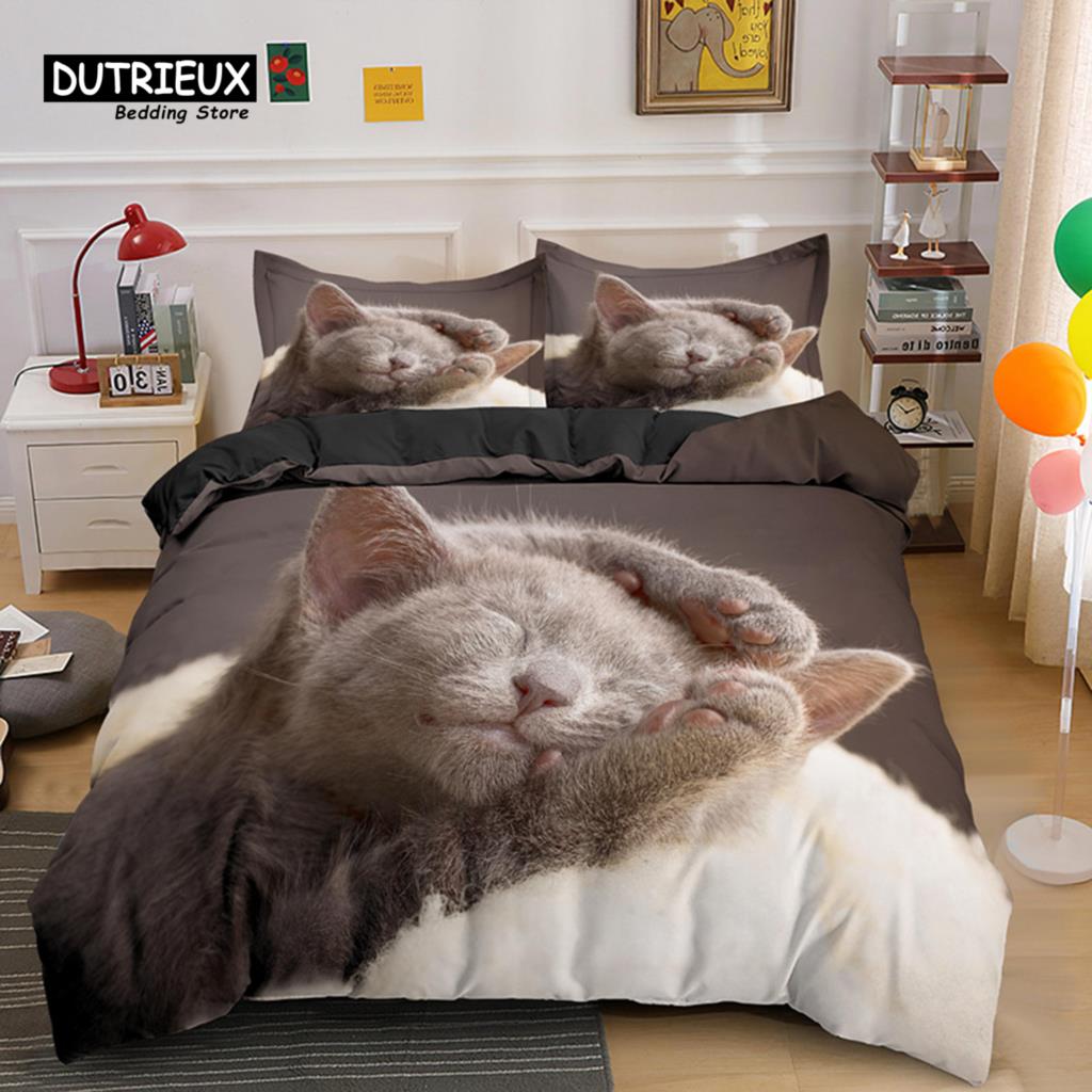 Colorful Cat Bedding Set For Kids Girls Boys 2/3pcs Cute Cat Duvet Cover Set King Microfiber Animal Comforter Cover Pillowcases
