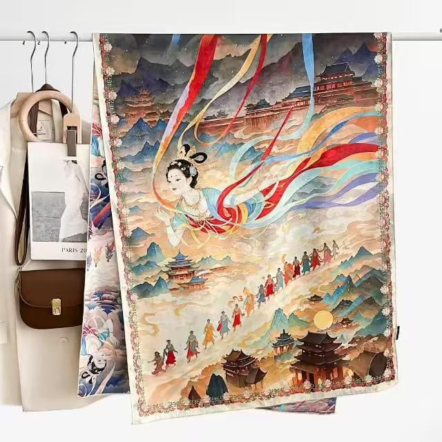 Xiangyun Dunhuang Feitian Flower Dill Cut Flower Thin Popular National Style Jacquard High-End Versatile Silk Scarf 180X70 Shawl