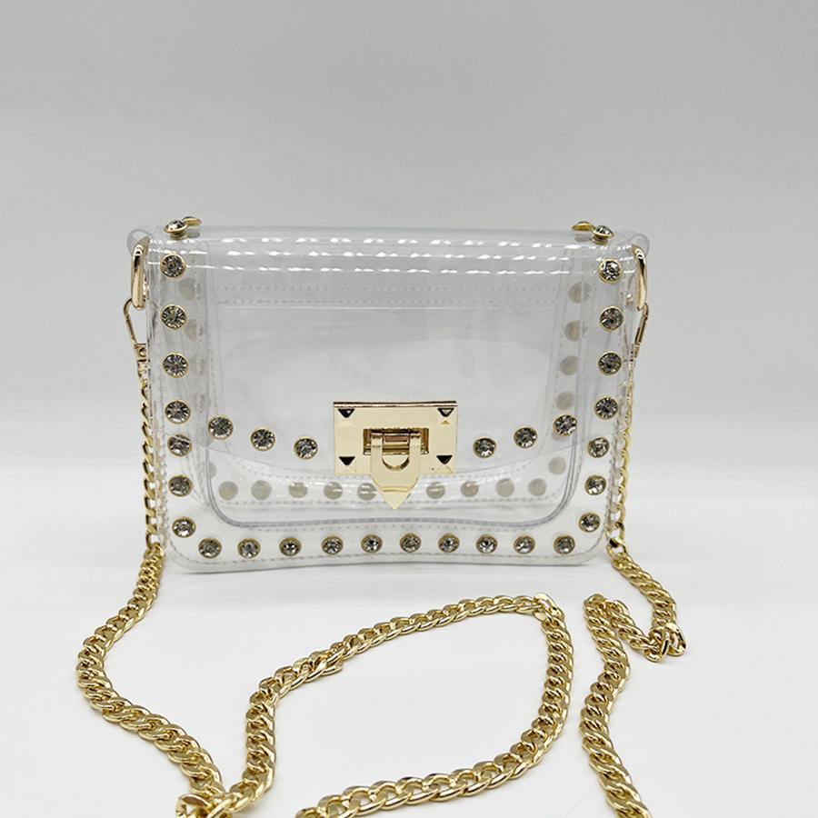 Women's New Flip Small Handbag Fashion Rivets Clear Jelly Shoulder Bag Transparent Crossbody Bag Y2K Chains Small Square Bag Sac
