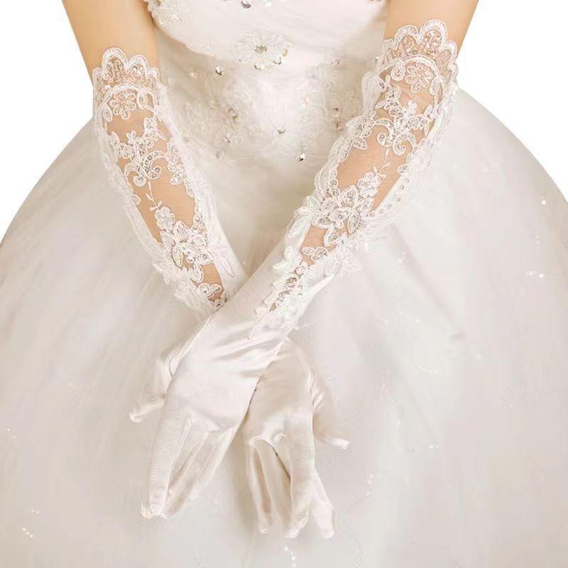Luxury Long Lace Hollow Sequins Embroidered Wedding Dress Gloves Bag Finger White Dress Wedding Accessories