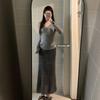 Elegant Mink Hair V-neck Sweater & Midi Skirt Set for Women - Autumn/Spring Slimming Ensemble