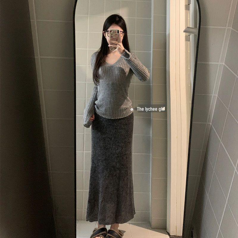Elegant Mink Hair V-neck Sweater & Midi Skirt Set for Women - Autumn/Spring Slimming Ensemble