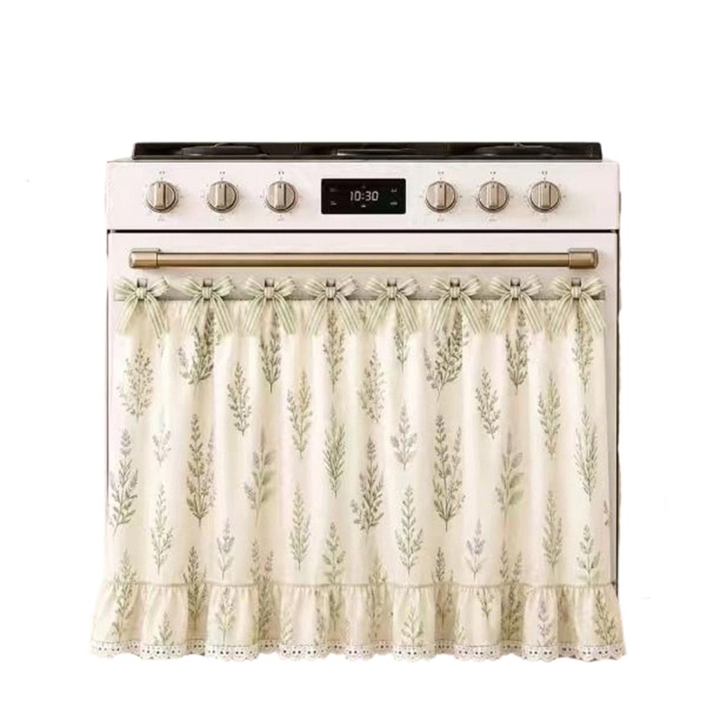 Lace Trim Oven Cover with Floral Print Decorative Dustproof Curtain for Kitchen Stove Protection and Appliance Enhancement