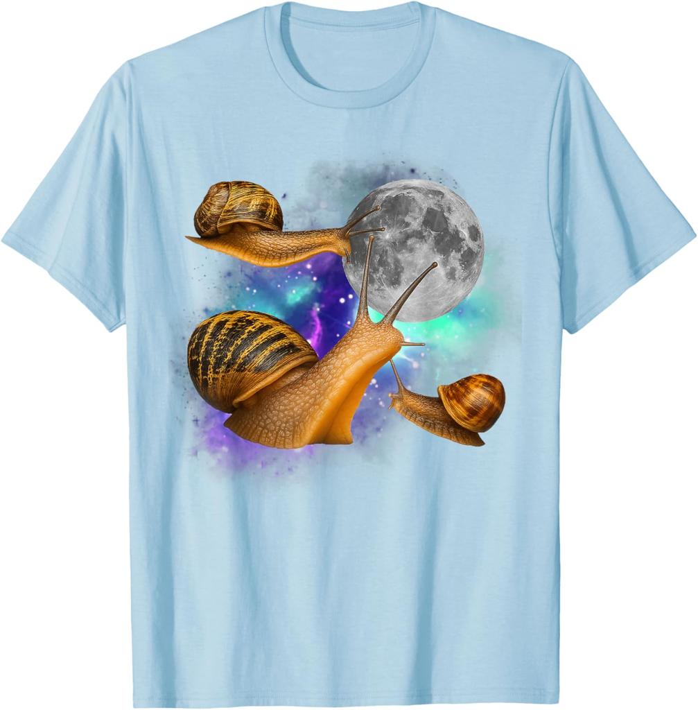 Three Snails Moon Galaxy Graphic Tee Funny Weird Mollusks Print Casual Short Sleeve T-Shirt For Men
