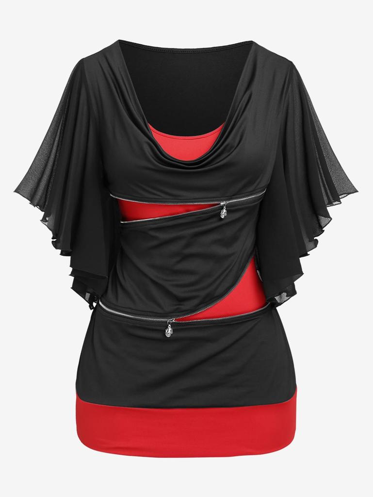 Rosegal Gothic Cowl Front Colorblock Zippered Butterfly Sleeve Top