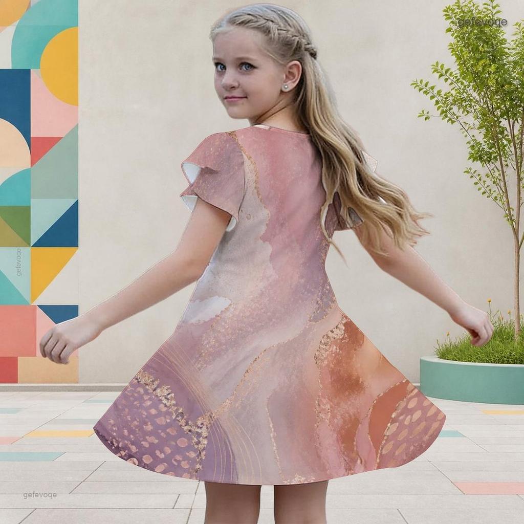 Girls Round Neck Flutter Sleeve A Line Flared Dress Blue Black Gold Printed