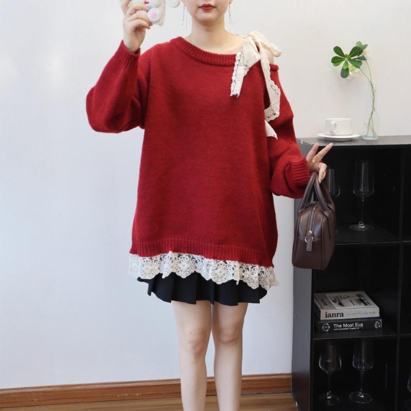 Premium lace lace-up bow knitted sweater top autumn and winter new off-the-shoulder sweater pullover women