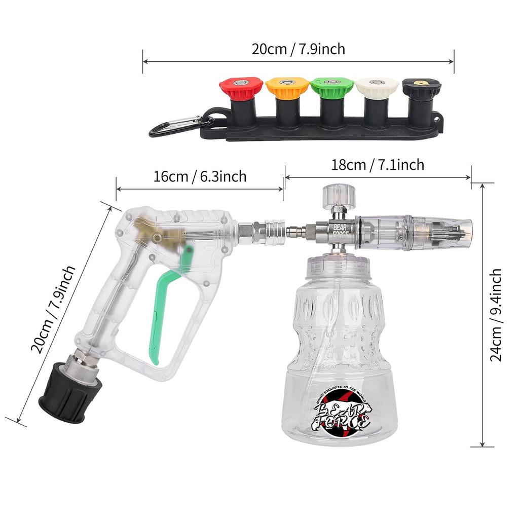 BEAR FORCE Transparent Pressure Washer Gun Kit for Car Cleaning with 1/4” Quick Plug Foam Cannon 1L & 5 Tips & Hose Connector