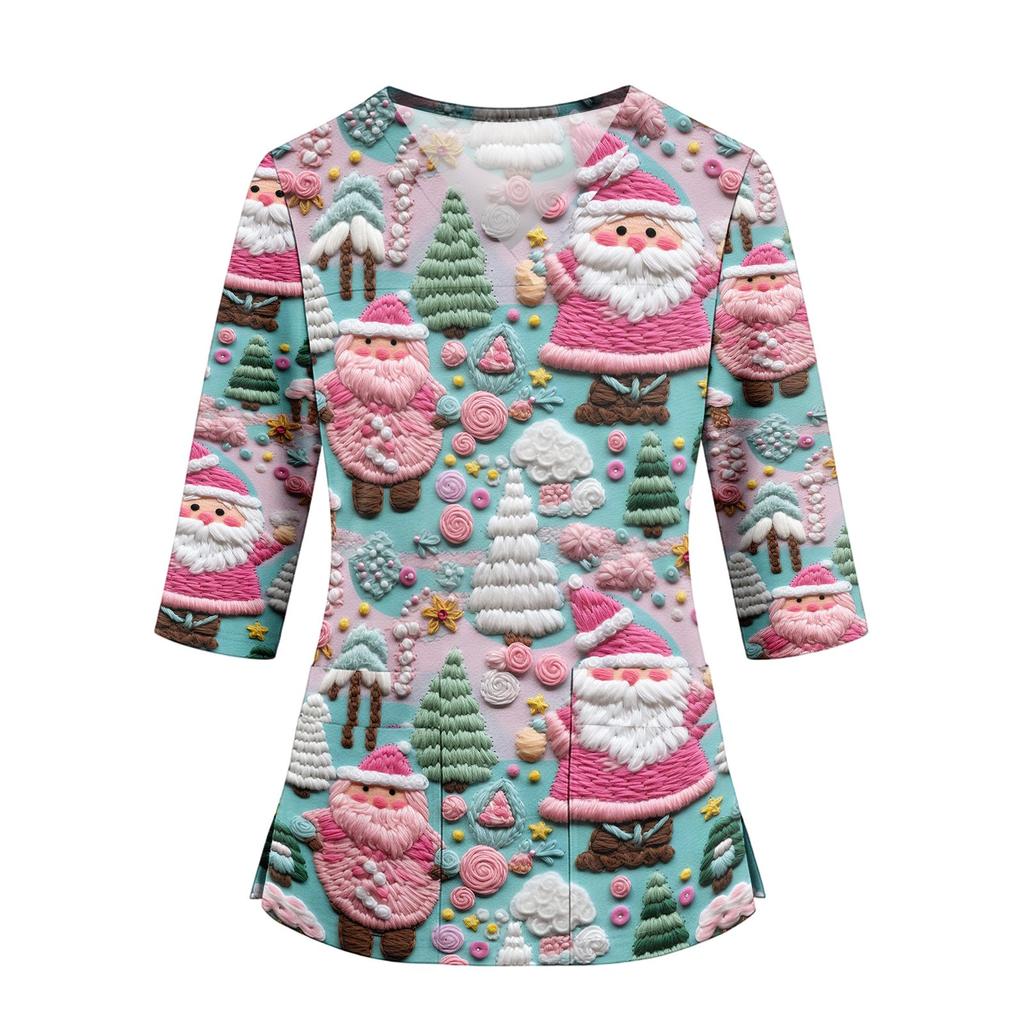 Women's Christmas Print V-Neck Work -Quarter Sleeve Caregiver Uniform Scrub Tunic