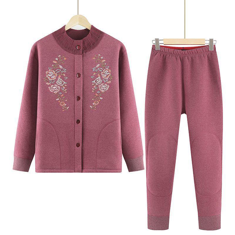 Women's Winter Fleece-Lined Cardigan and Sweater Set for Elderly