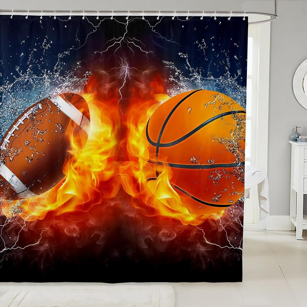 Basketball Shower Curtain For Boys Teen Ball Sports Bath Curtain Waterproof Fabric Bathroom Accessories With Hooks