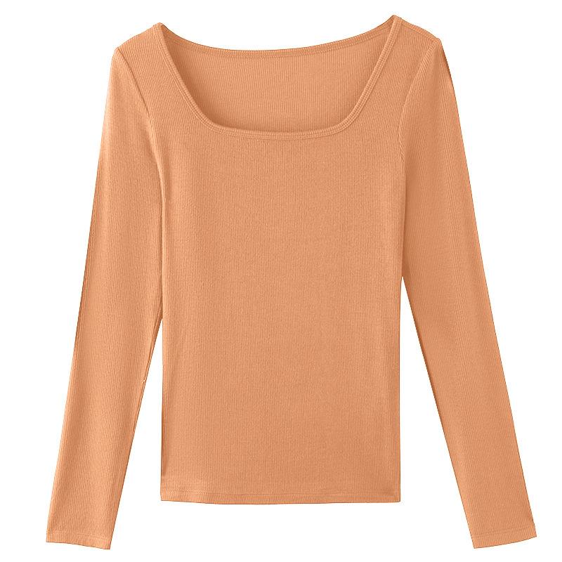 

CANVAUS осенняя женская новая нижняя рубашка с глубоким вырезом, облегающая футболка с длинными рукавами в европейском и американском стиле с резьбой XXL коричный