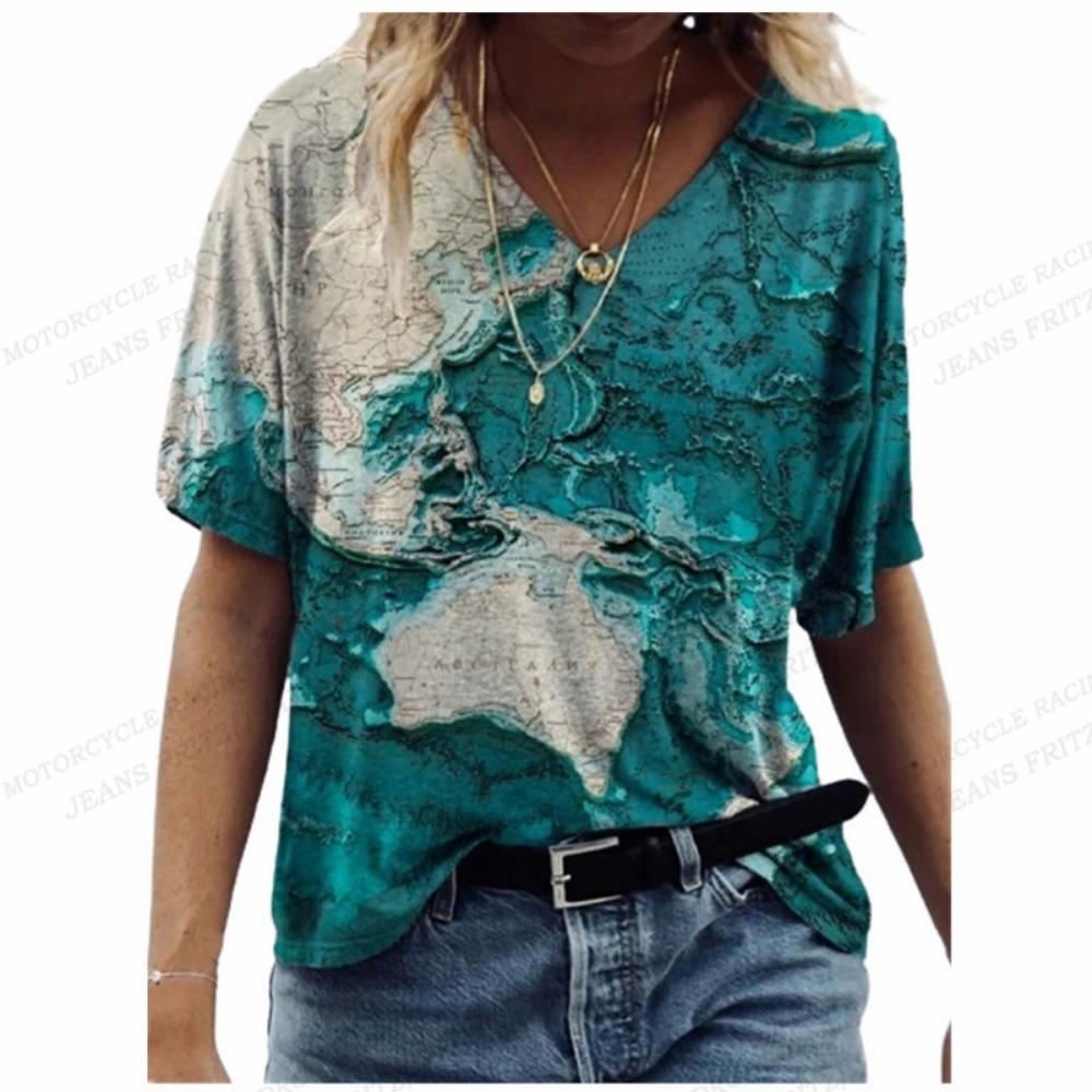 Women's T Shirt Map 3d Print T-shirt Women Fashion V-Neck T-shirts Short Sleeve Tops Tees Loose Tshirt Luxury Tshirt Casual