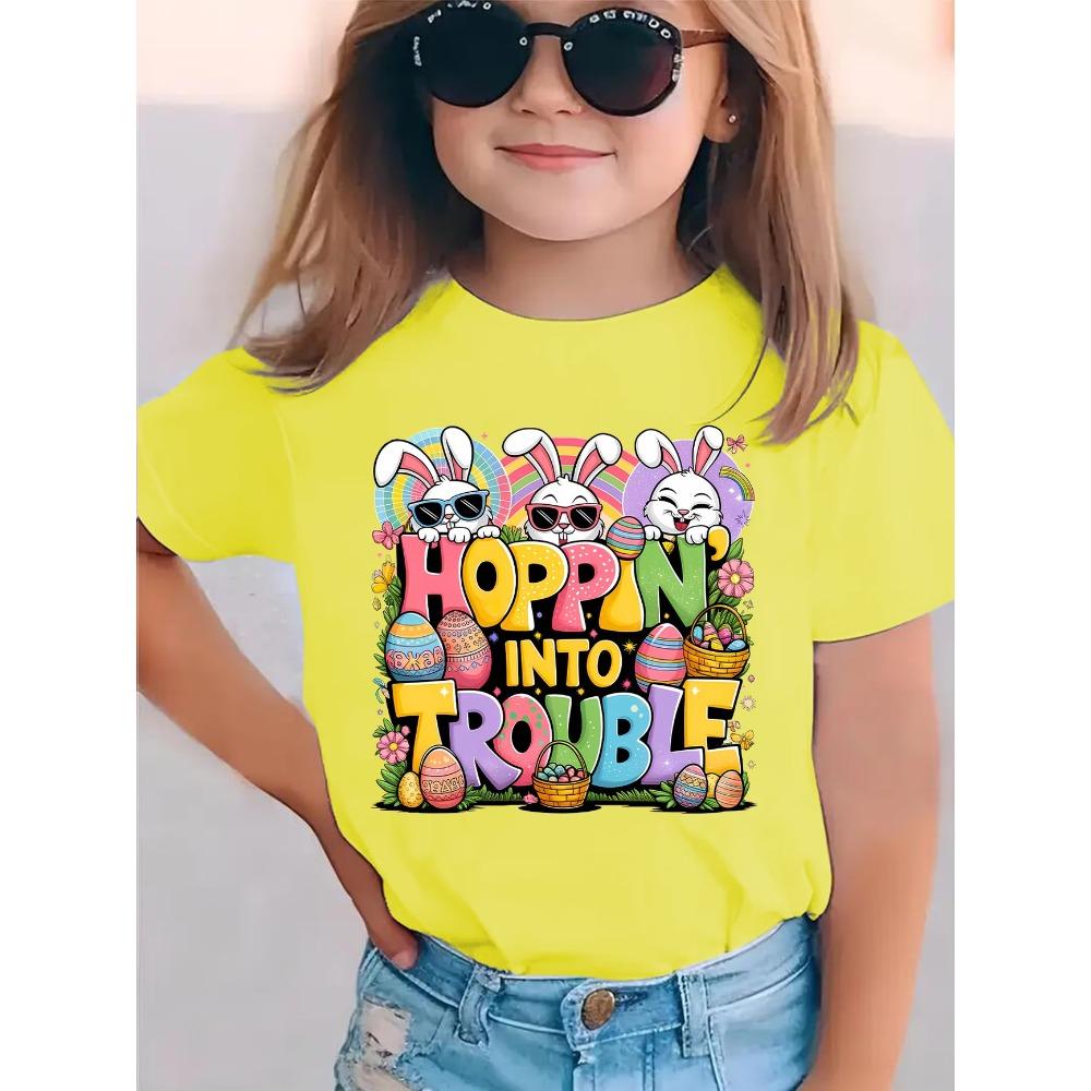Summer 67 Rabbit Resurrection Easter Egg Print Kids Cotton T Shirt Casual Girls Short Sleeved Shirts Cartoon Childrenss Clothes 120