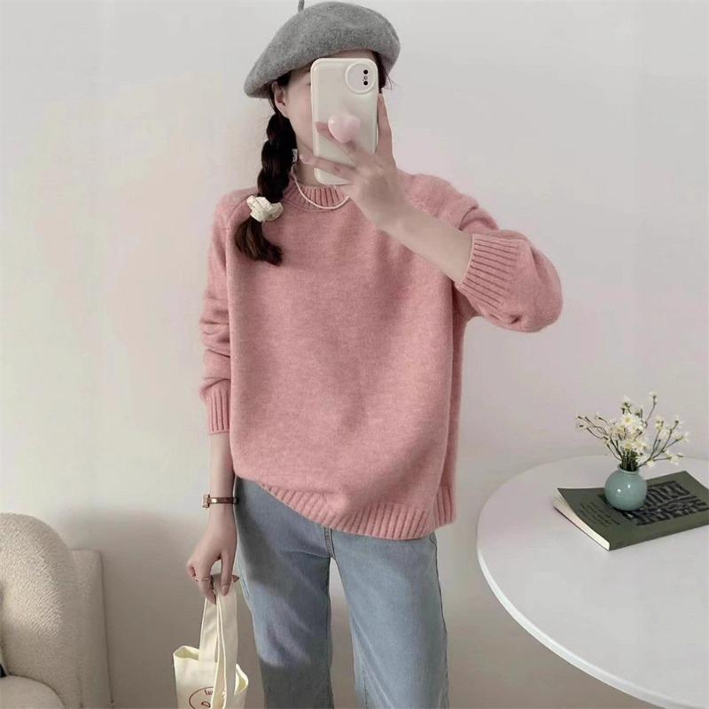 Retro soft waxy round neck pullover sweater for women to wear with autumn and winter new loose lazy wind knitted sweater top for women