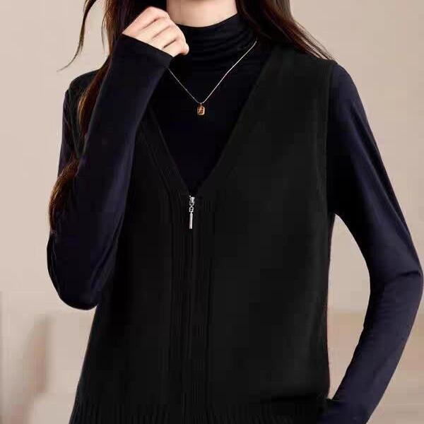 Damen Strickwaren Herbst Damen Doppelreißverschluss V-Ausschnitt Schick Einfach Ärmellose Strickweste Oberbekleidung Warm Grau Gestrickter Mantel Cardigan