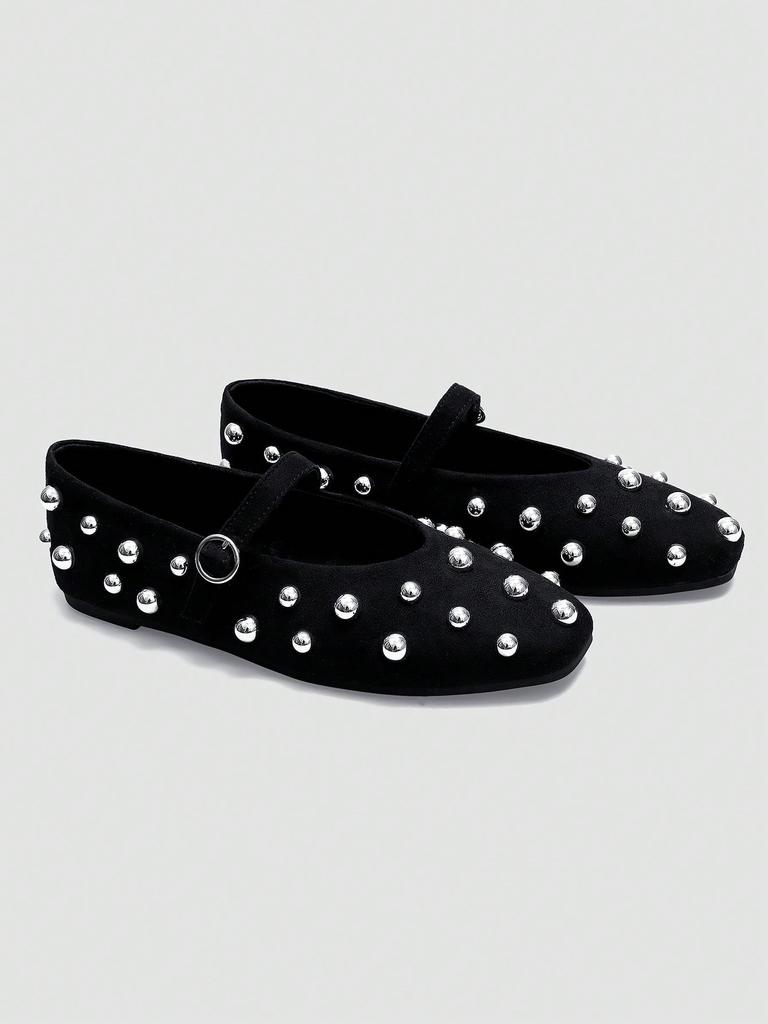 Black Mary Jane Flats, Silver Rivet Decor One-Strap Buckle, Retro Elegant Shoes