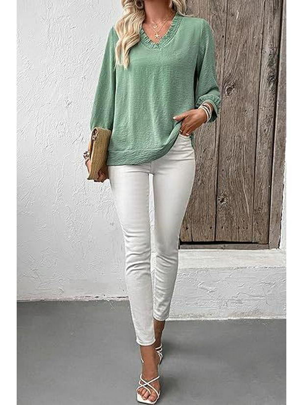 Women's V-Neck Ruffled Blouse - 3/4 Sleeve Loose Casual Shirt