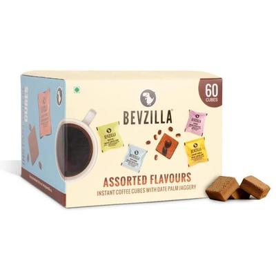 Bevzilla 60 Assorted Instant Coffee Cubes Pack with Date Palm Jaggery, 4 Flavours, Arabica Coffee, Zero Refined Sugar, Real Ingredients