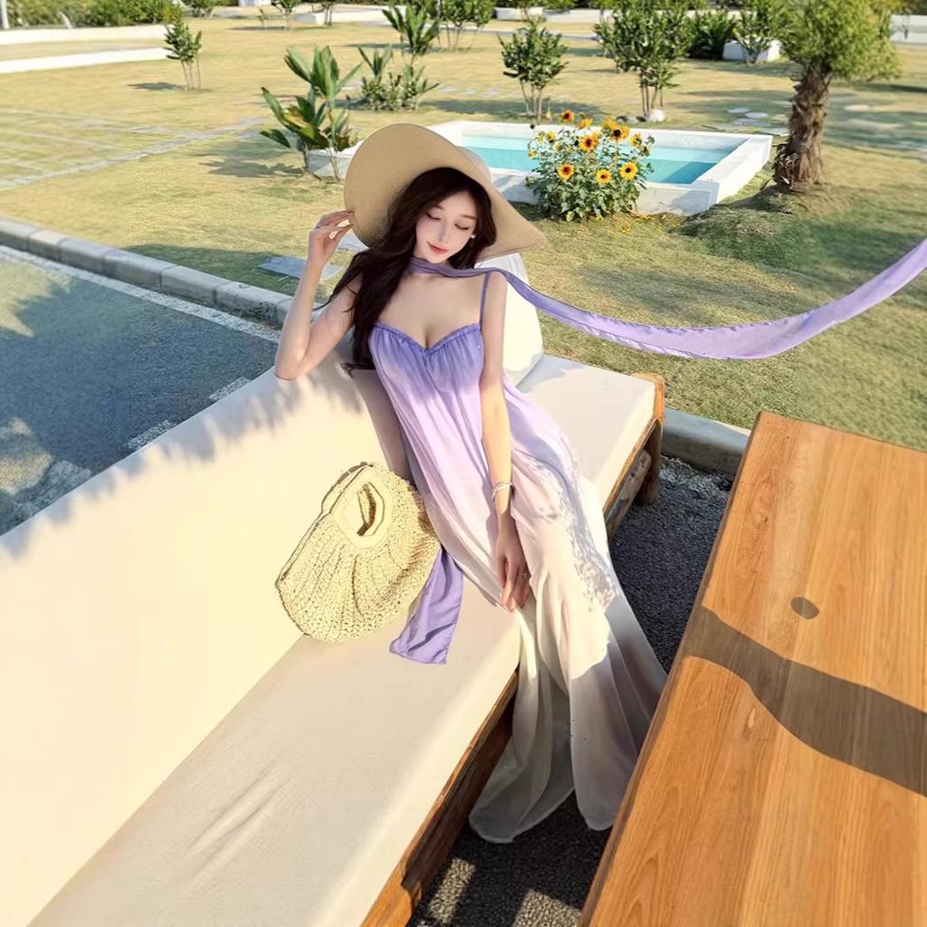 Summer new French romantic Ou Ruo purple gradual change tube top super fairy long dress