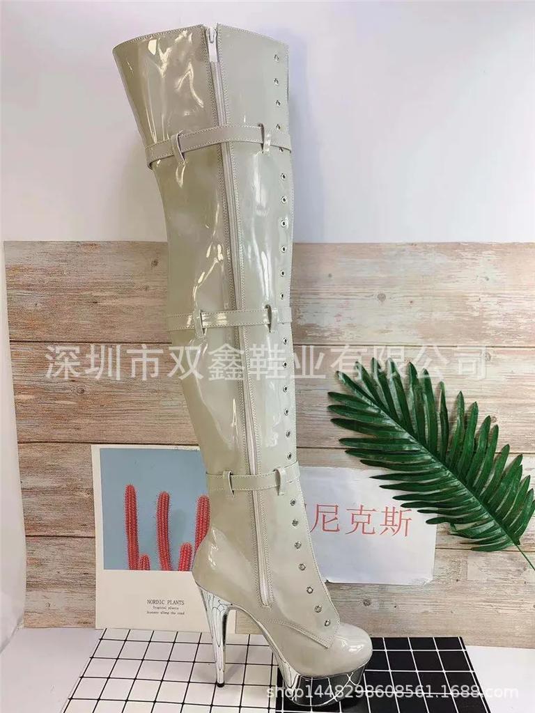 Fashion 2024 European and American Sexy Stretch Boots Night Show Lace-up Belt Buckle Over-the-knee Boots 15CM Pole Dancing Leather Boots