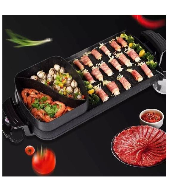 Korean Style 2 in 1 Electric Multi Cooker Barbecue Pan Hot Pot Cooker Electric Smokeless Barbecue BBQ Grill Non-Stick Coating Hotpot Roasting Baking