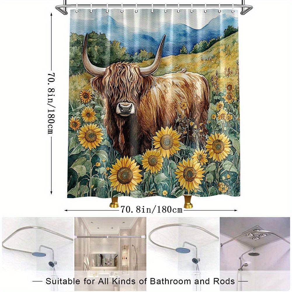 1Pc Highland Cow Shower Curtain - Watercolor Pastoral Scene With Shaggy Brown Fur, Curved Horns & Vibrant Sunflowers, Realistic