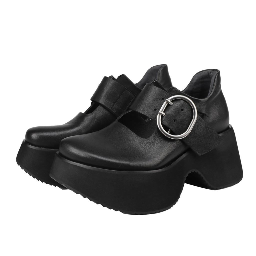 Johnature Genuine Leather Thick Soled Shoes Retro Versatile Buckle Strap Thick High Heels Women's Shoes