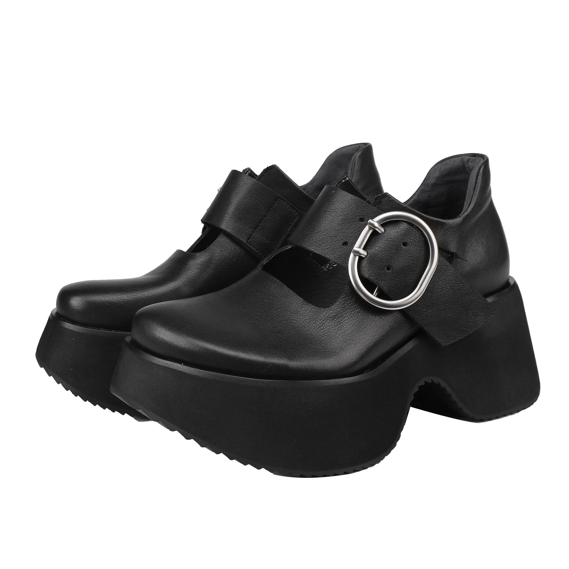 Johnature Genuine Leather Thick Soled Shoes Retro Versatile Buckle Strap Thick High Heels Women s Shoes 34 чёрный