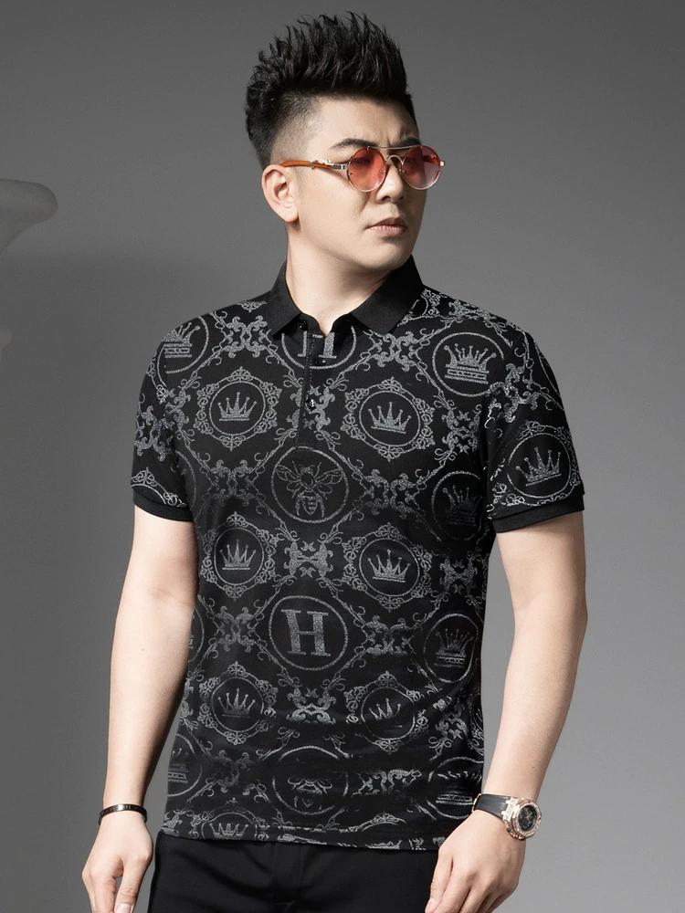 

Ozhouzhan 2025 Summer New Trendy Slim fit Polo Shirt Men s Short sleeve T-shirt Fashion Print Lapel Top L черный серый