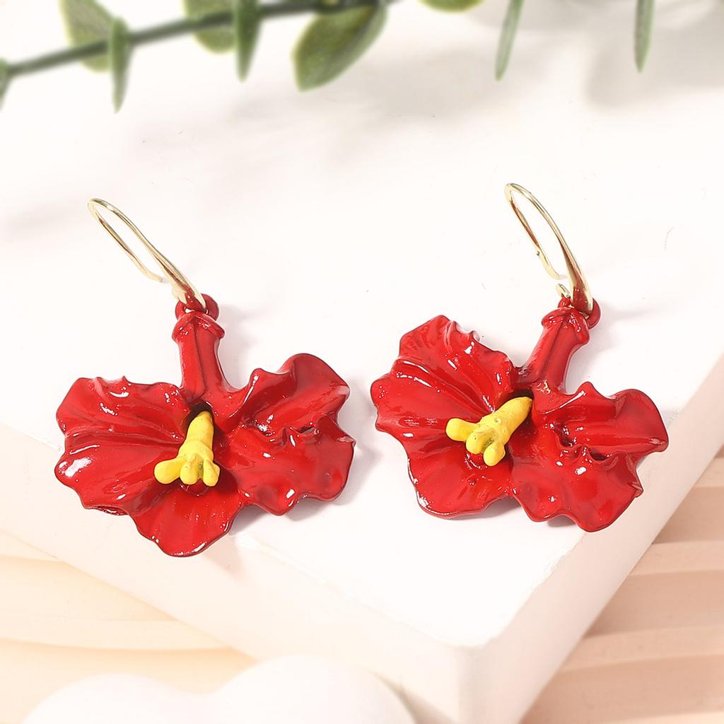 Personalized Creative Design Sense Bohemian Red Alloy Dripping Oil Morning Glory Flower Ear Hook Simple and Versatile