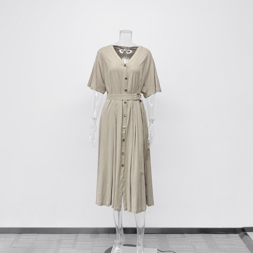 Women's V Neck Short Sleeve Midi Dress Loose Fit Elastic Waist Elegant Style Rayon Linen Blend A Line Dress With Button Belt
