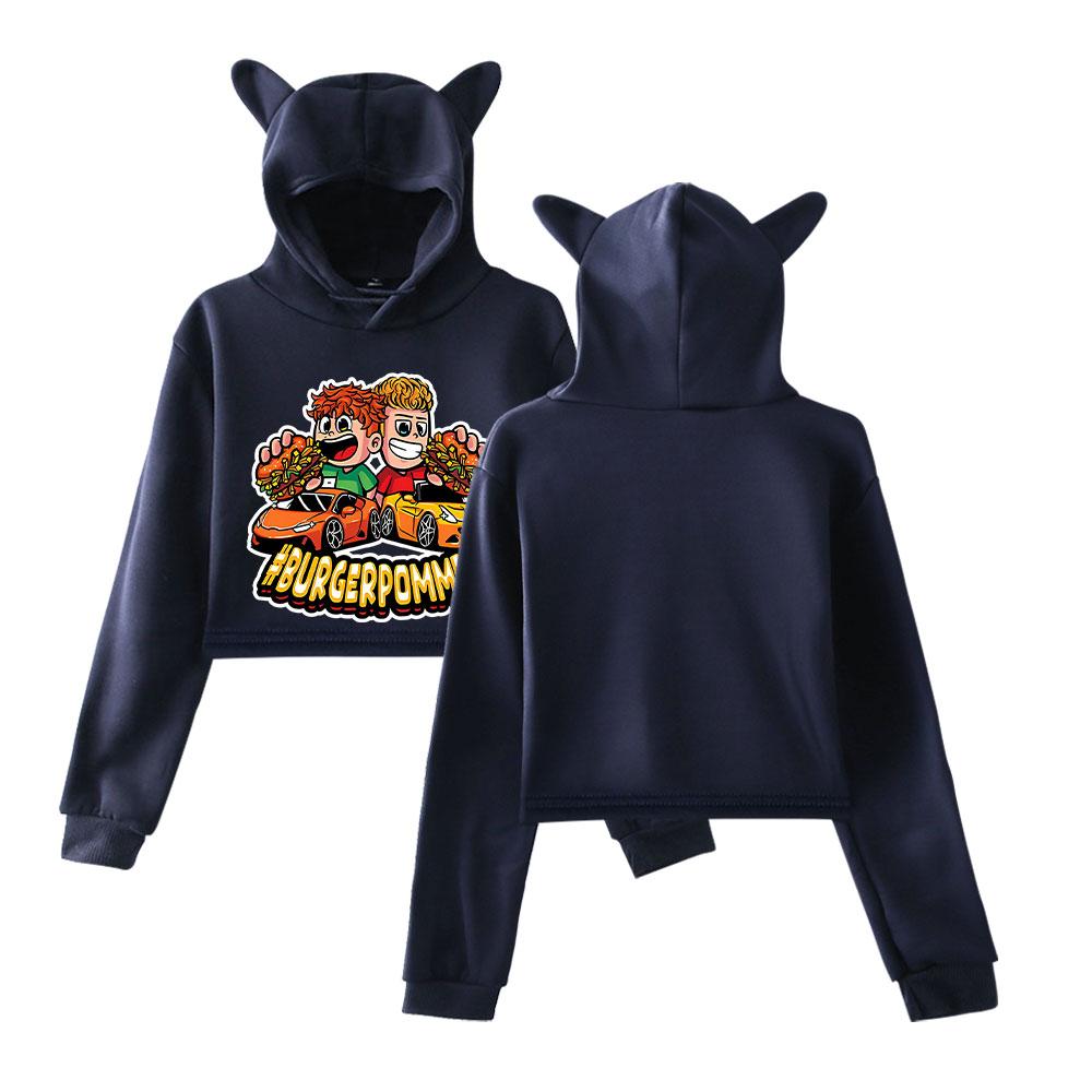 

Korean Fashion Icrimax Burgerpommes Print Kawaii Crop Top Hoodie Funny Cat Ear Cropped Short Sweatshirt Hooded Pullover Women Tops Streetwear XXS темно-синього кольору