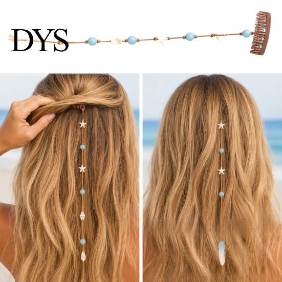 Summer Vacation Hair Jewelry Beach Mermaid Clip, Starfish Shell Bead Chain for Women, Gift Seaside Lovers Boho Coastal Styling Tool Wedding