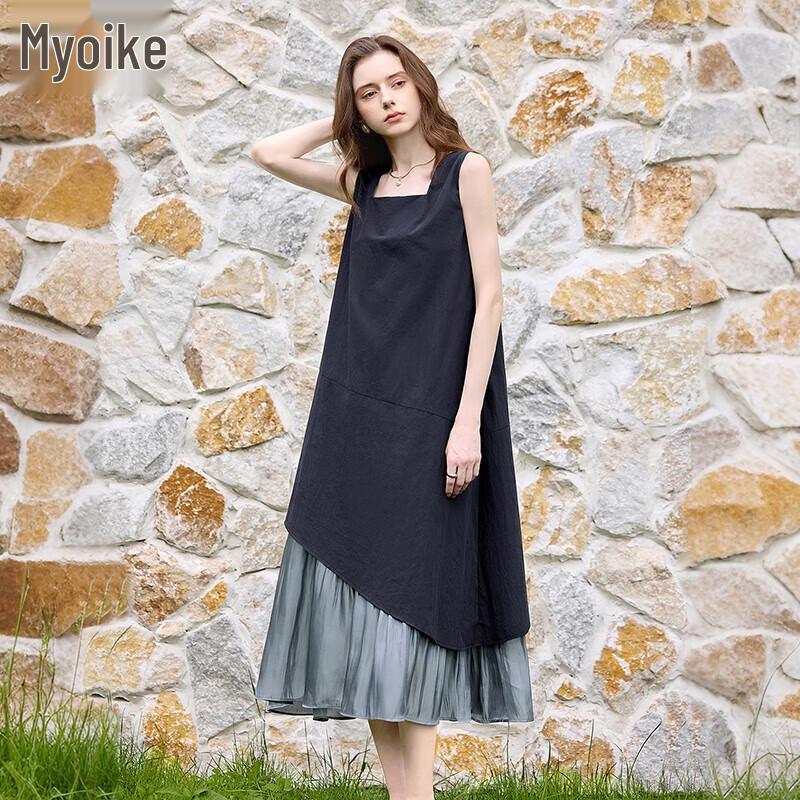 Women s Square Neck Patchwork A-line Vest Dress S темно-синий