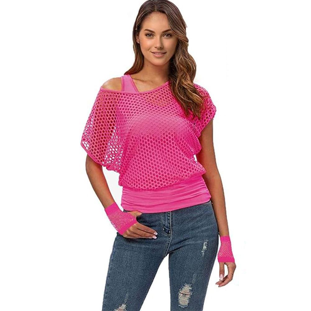 Women Neon Fishnet Mesh Top Summer Short Sleeve T-Shirt Two Piece Set Streetwear Solid Color Tees Tops Camisetas De Mujer