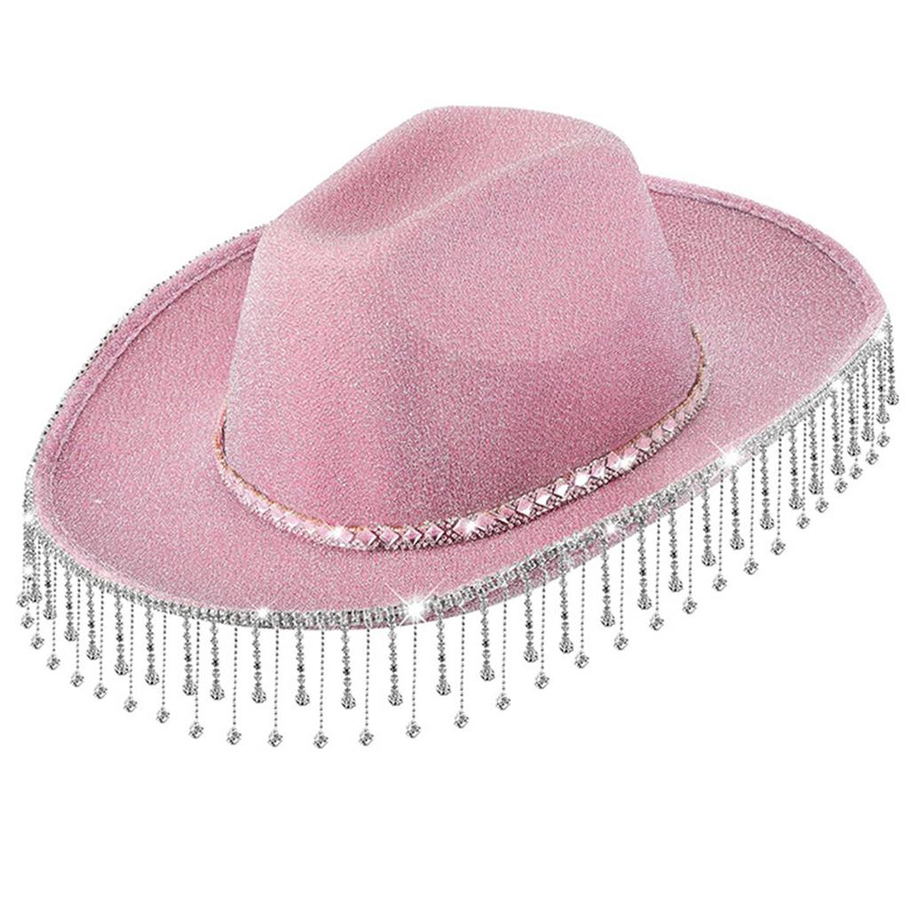 Rhinestones Tassels Cowboy Hat for Women Teens Breathable Wide Brim Beach Hat Music Festival Hat Bachelorette Party Cap