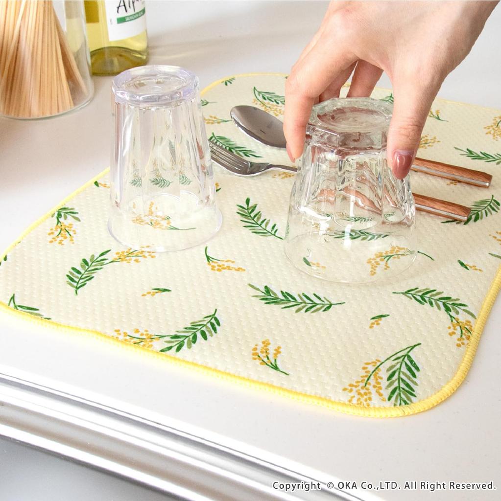 OKA Absorbent Dish Drying 30cm X Mimosa Bouquet Dish Drying Floral Nordic Mat, Approx. 40cm, Yellow, (Absorbent Mat, Print, Style, Washable)