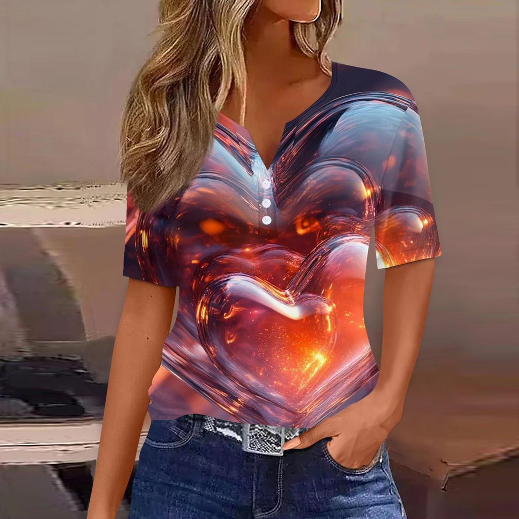 Damen T-Shirt Tee Print Knopf Kurzarm Täglich Wochenende Mode Basic V-Ausschnitt Regulär Oberteil Valentinstag